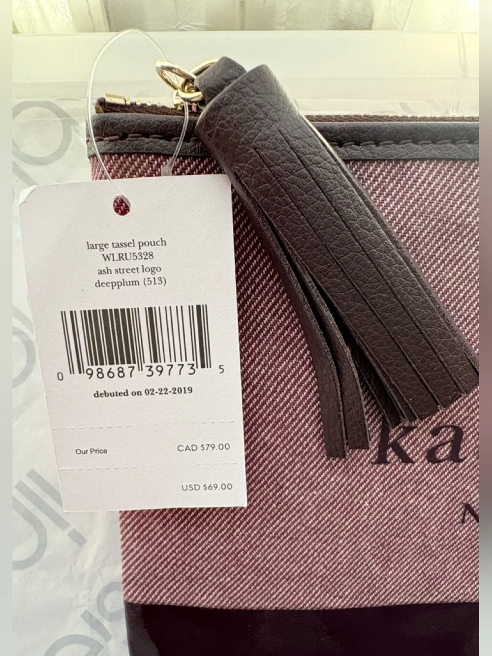 Pink and Brown Canvas Leather Zip Pouch Kate Spade Ash St. Logo Large Tassel
